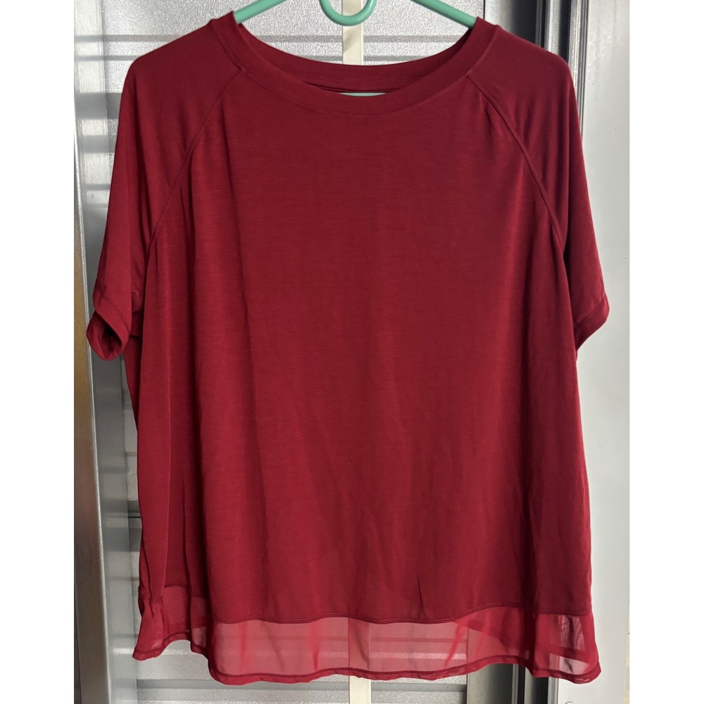 Avia Women Red Balm Short Sleeve Mesh Hem Tulip Back Active Top XL AVL39003